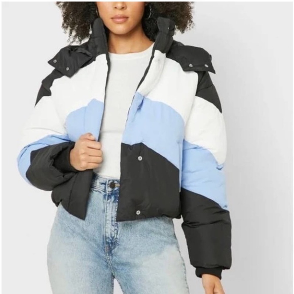 Topshop Colorblock Puffer Jacket Blue Black White